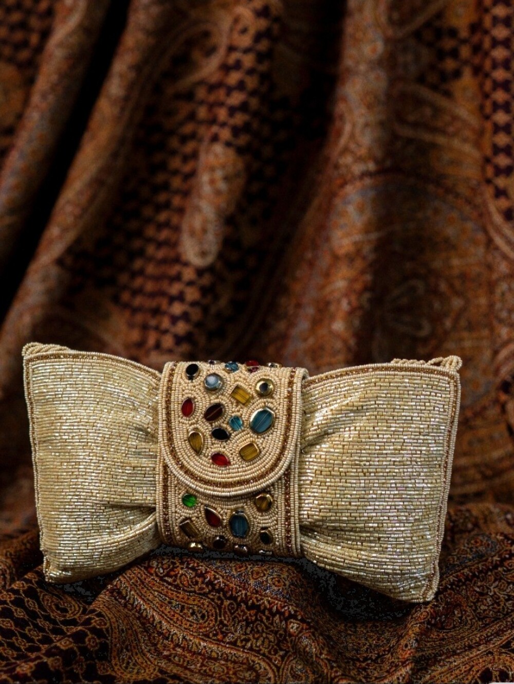 Embellished Gold Beaded Bow Clutch - Women Bags